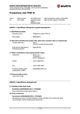 Würth FPMF karta bezpečnostných údajov