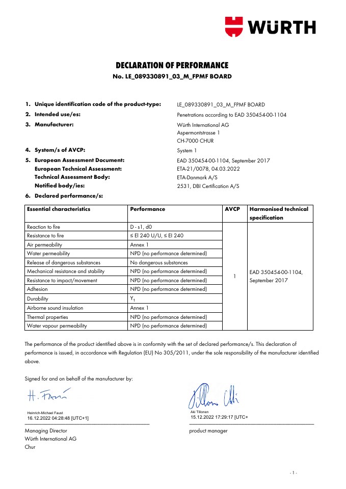 Würth doska 2-S vyhlásenie o parametroch