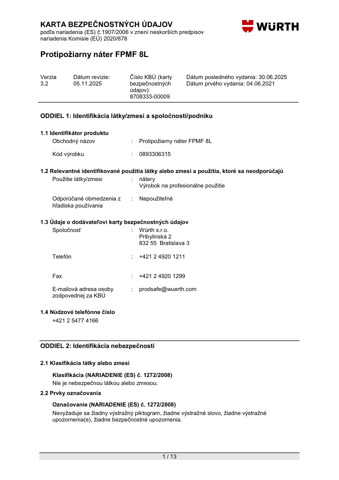 Würth FPMF karta bezpečnostných údajov